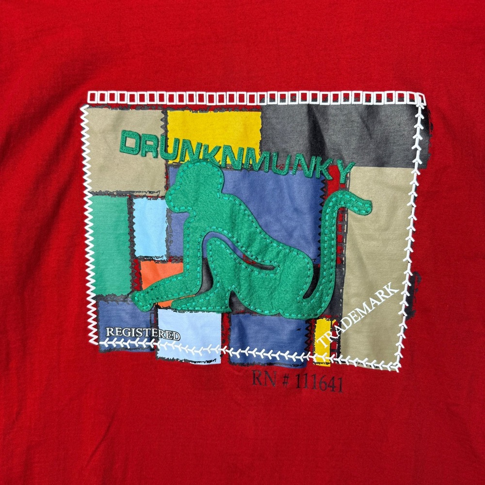 Vintage Y2K Drunknmonkey Mens Size Large Red Applique Streetwear Hip Hop